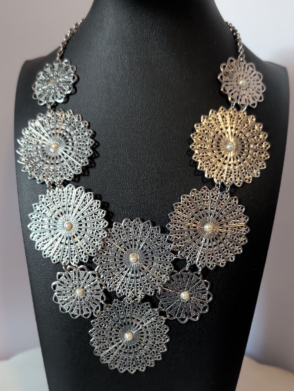 Silver Floral Filigree Necklace Faux Pearl Accents